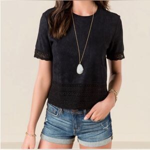 Women's Black short sleeve suede shirt with lace/crochet accents
